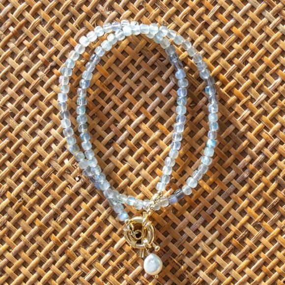 Labradorite Gemstone Necklace Gold Toggle Clasp Removable Pearl Healing Crystal - Picture 1 of 14
